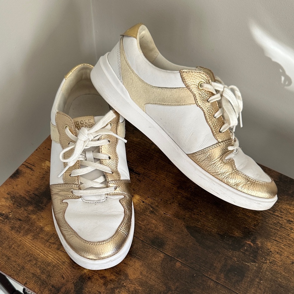 Cole Haan Grand White and Gold Tennis Sneaker
